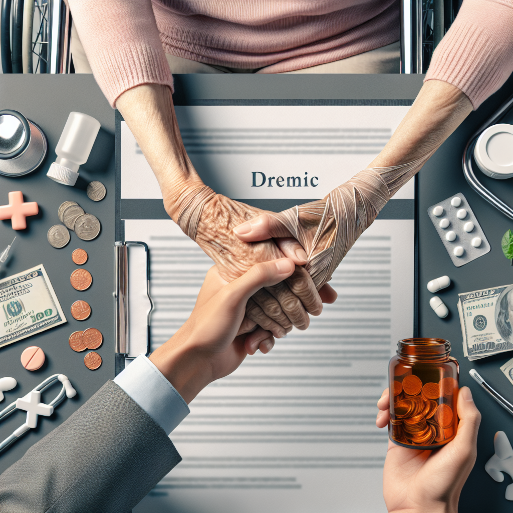 A detailed image for an article cover, themed around long-term ALS (Amyotrophic Lateral Sclerosis) care and financial planning. The main elements should be a firm handshake symbolizing an agreement or financial plan between a middle-aged East Asian male financial advisor and an elder Caucasian woman affected by ALS. The advisor holds a financial document in the other hand. In the background, components associated with ALS care, such as a wheelchair, medication bottles, and other assistive devices, should be subtly represented. The atmosphere should evoke hope, support, and resilience. Avoid any explicit brand symbols or corporate logos.