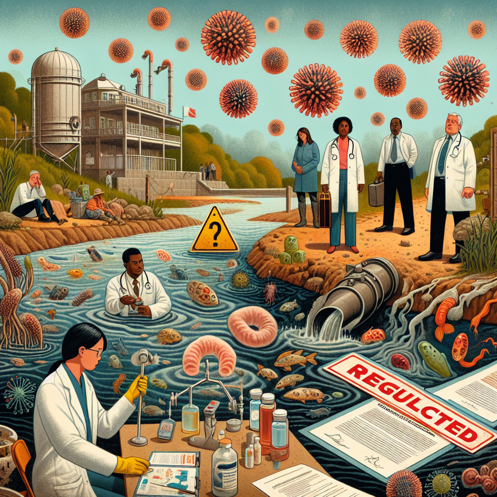 An illustrated image that showcases a scene related to waterborne illnesses and regulatory failures. The foreground features contaminated water depicted with muddy hues and floating debris. The background includes a water supply system with visible damages and a caution sign. An abstract representation of microbes is seen surrounding the water. A diverse group of people, including a South Asian female scientist, a Black male health official, and a Caucasian female citizen, each show reactions of concern and determination, reflecting their roles in addressing the issue. There should also be official documents with bold red rejected stamps scattered around as a metaphor for regulatory failures.