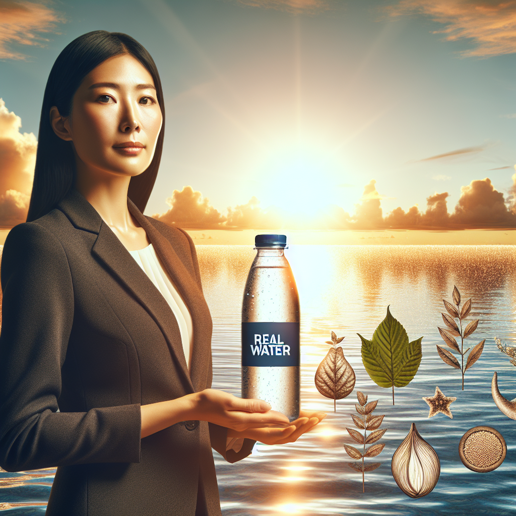 Imagine a serene ocean scene, symbolic of calm, holistic relief. Over the water, there's a golden sun setting, casting a warm glow over the scene. In the foreground, there's a business executive holding a bottle labeled 'Real Water' - she is an East Asian woman dressed in a professional suit, embodying the persona of a CEO. Her expression is one of accountability and determination. Floating around her are illustrations of natural remedies for symptoms, such as leaves representing herbal treatments and fruits representing dietary solutions. Please keep the tone soothing and inspiring.
