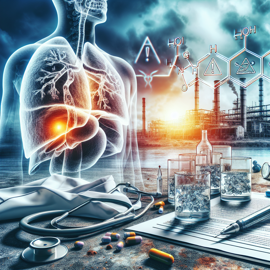 A technically accurate and meticulously illustrated scene depicting the dangerous effects of hydrazine. This may feature a symbolic image of a hydrazine molecule near a human liver rendered semi-transparent to reveal internal damage, indicating the hazardous impact of the chemical. Include medical warnings, symbols, and equipment such as a doctor's white coat and a stethoscope, as well as glasses filled with a clear liquid representing hydrazine. In the background, illustrate a deserted industrial setting to symbolize places where hydrazine might be used unsafely, thereby heightening the shocking and cautionary aspects of the tale.