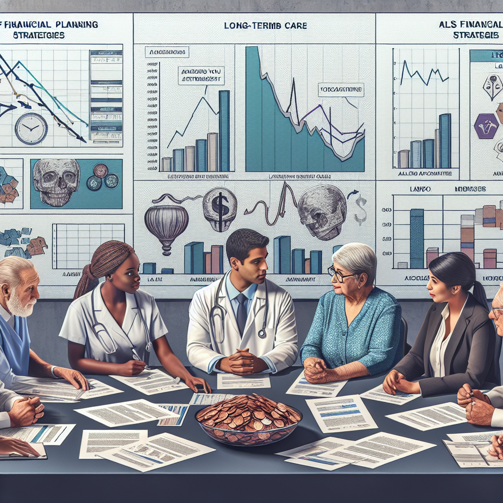 A detailed scene of a diverse group of professionals engaged in a discussion about financial planning strategies. The professionals include: a Caucasian female financial advisor, a Hispanic male nurse, a black female lawyer, a Middle-Eastern male accountant, and a South Asian female patient. They are surrounded by spreadsheets analyzing long-term care costs, bar and line graphs depicting various strategies, and a whiteboard filled with financial terminologies related to ALS. On the table, drafts of legal documents emphasizing on best strategies for ALS financial planning.