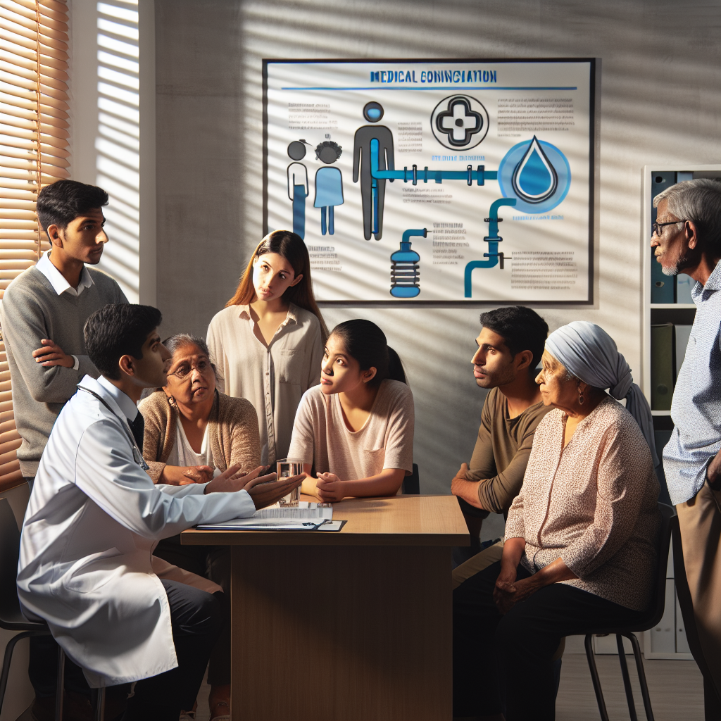 A bustling medical consultation room with soft light filtering through blinds. At a wooden desk, a doctor in a white coat engaged in conversation with a diverse group of family members. The family is South Asian and includes a middle-aged woman, a young Black man, a elderly Caucasian man and a young Hispanic woman. All appear actively engaged in a serious discussion. Against a wall, a framed infographic explaining the workings of the Water Operations in Nevada, including graphics of water treatment facilities and pipelines.