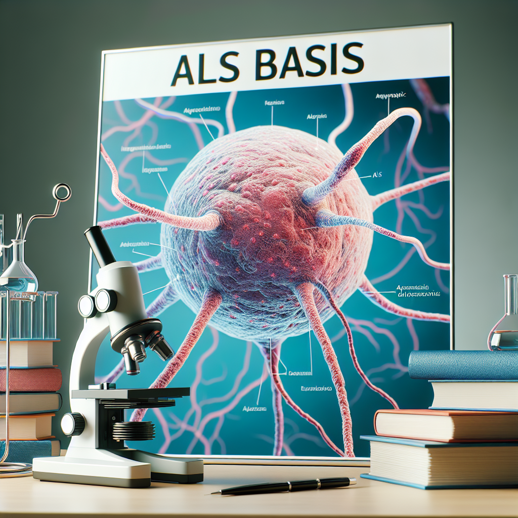Generate a high-quality, photorealistic image showing a concept related to Amyotrophic Lateral Sclerosis (ALS). The image should display a microscopic view of neurons affected by ALS and a didactic poster in the background that clearly states 'ALS Basics'. Educational books and a microscope can also be included in the foreground to provide context for scientific research.