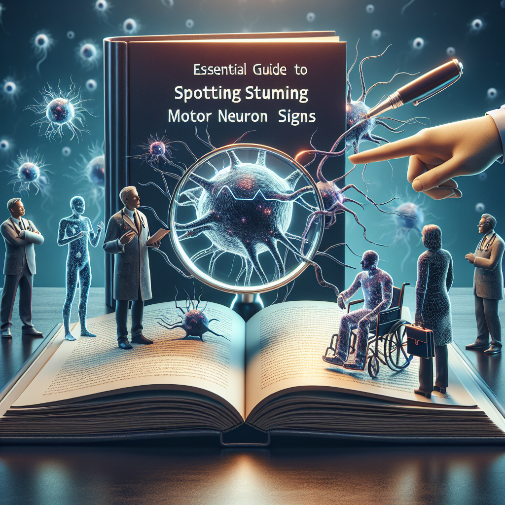Create a high-quality, photorealistic image depicting the daunting journey of understanding early ALS symptoms. The image should capture the essence of mental agility, urgency and medical diagnosis. Imagine an open book titled 'Essential Guide to Spotting Stunning Motor Neuron Signs' with highlighted text indicating major symptoms. The background shows the silhouettes of a diverse group including a South Asian male doctor pointing at a 3D model of motor neurons and a Caucasian female patient observing it carefully. There is a magnifying glass showcasing a motor neuron up close, visualizing the signs and signals of ALS.