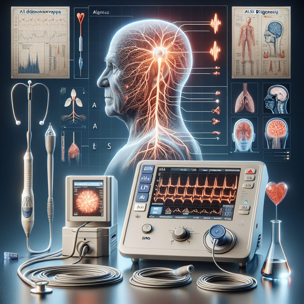 Create a detailed, high-quality, photorealistic image that represents a thorough guide to ALS diagnosis. It should include elements of advanced medical equipments and methodologies, ENMG (ElectroNeuroMyoGraphy) device showing electrical activity related to a nerve root. Visualize complex medical charts, graphs, and data in a way that is accessible and helpful to understand. Do not include people in the image.