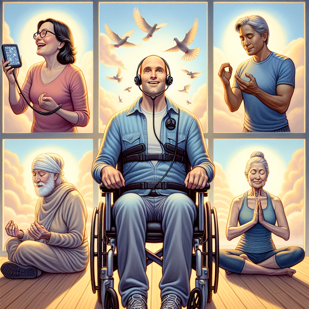 An uplifting visual representation of daily life with ALS. The image should portray three ALS patients demonstrating their effective coping strategies, helping to create a positive perspective. They appear as follows: a middle-aged Hispanic woman who uses an advanced communication device attached to her wheelchair, a Caucasian man in his thirties who is using assistive technology to exercise, and a South Asian woman of golden age practicing meditation. Each individual exudes strength, courage, and resilience, further emphasizing the inspiring nature of their stories. The environment around them is filled with support and love.