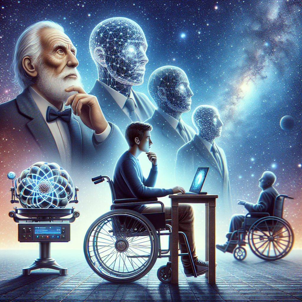Generate a high-quality, photorealistic image for an article about: The Inspiring ALS Survival Story of a Famous Physicist. The image should encompass major milestones like young physicist contemplating about universe under the starry night, wheelchair bound physicist delivering an inspiring speech at a scientific conference, and elder physicist with an advanced computerized speech synthesizer.