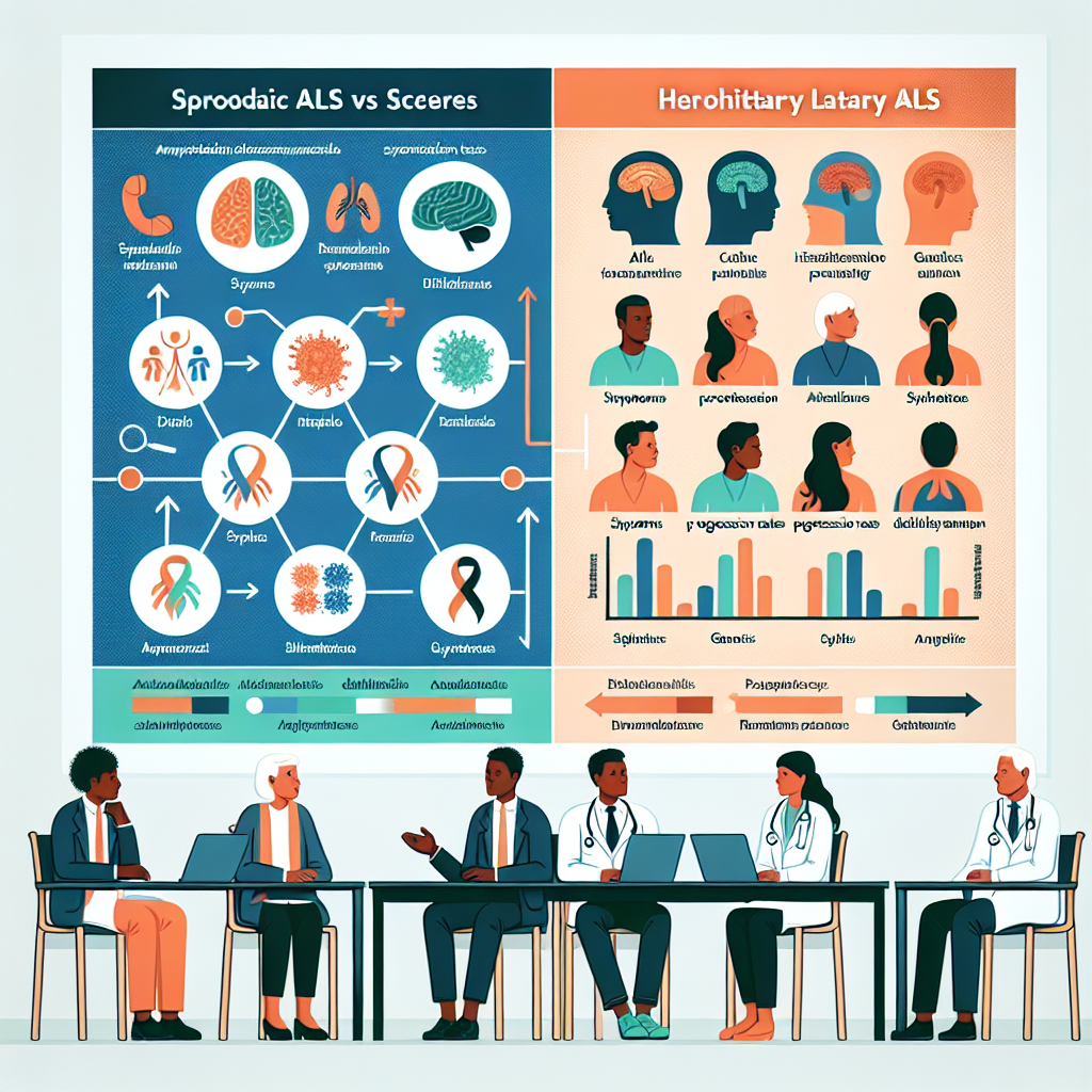 Generate an image that depicts a chart comparing sporadic ALS (Amyotrophic lateral sclerosis) to hereditary ALS. This comparison chart should include distinct icons for each type, with relevant information displayed in readable text. The use of colors to differentiate each type should be applied. The chart might show differences in factors like symptoms, progression rates, genetics, and prevalence. Display this on a light background for clarity. Now, accompanying the chart, depict a diverse group of people: an African male doctor, a Caucasian female patient, a Hispanic male researcher, and an East Asian female nurse, who are involved in discussing the chart.