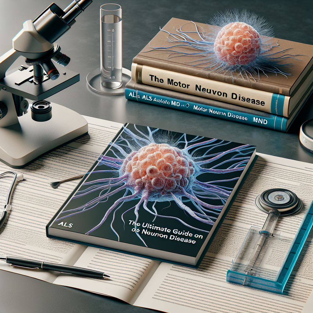 Create a detailed, photorealistic image illustrating the concept of Motor Neuron Disease for an article. Show a human nerve cell with highlighted parts that are usually affected by ALS. Also, include a book labeled 'Ultimate Guide on ALS as MND' laying open beside a microscope. Ensure these elements are arranged on a desk/workspace with good lighting, reflecting the ambiance of a research or study environment.