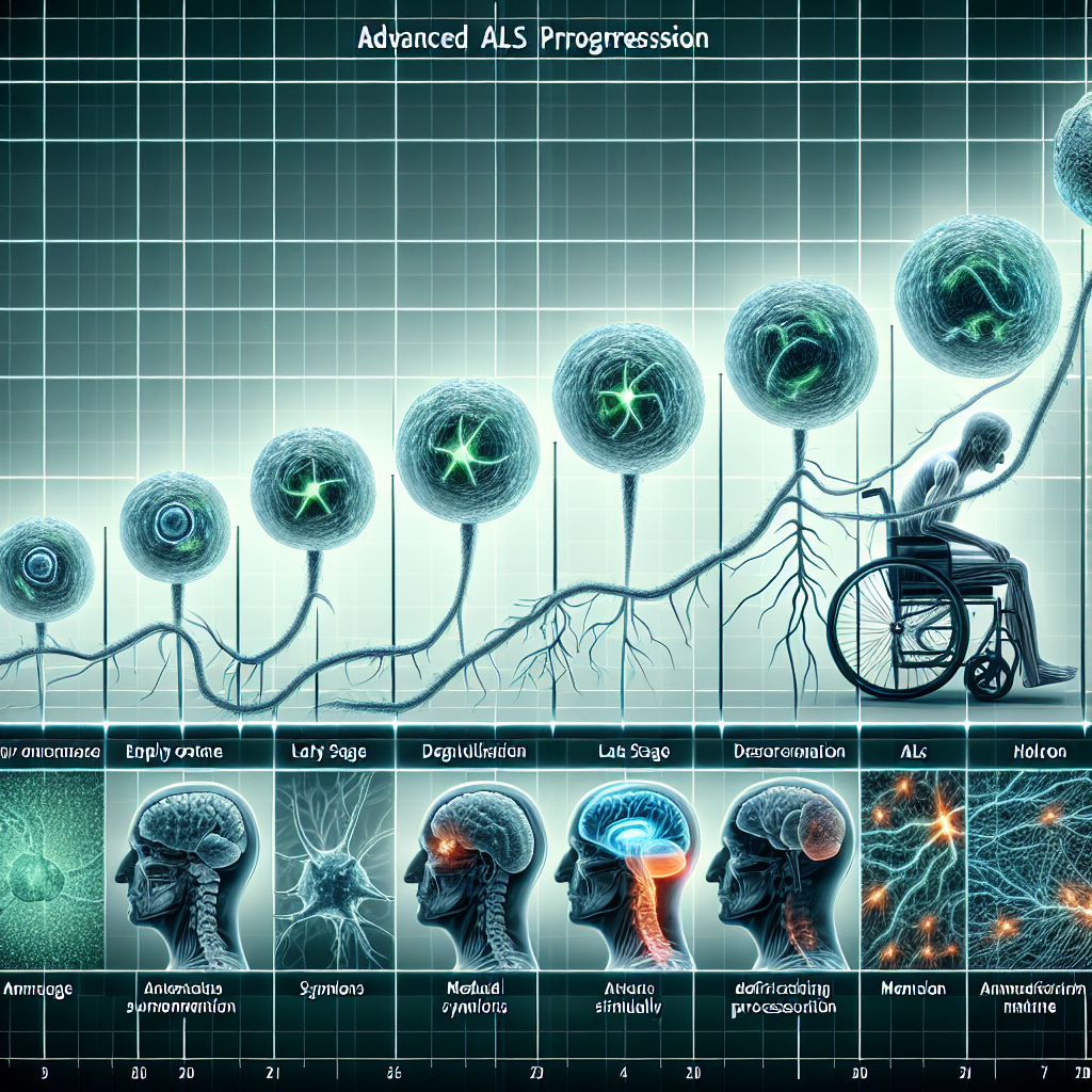 Generate an informative, high-quality photorealistic image that depicts an advanced ALS progression timeline. The timeline should clearly illustrate different stages from early onset to late stage of the disease, helping in understanding the progression better. It should include relevant medical symbols like neurons, nerve signals, and deteriorating physical conditions over time in a balanced, meaningful, and sensitive manner. Note: no identifiable patient imagery should be included for respecting patient privacy.
