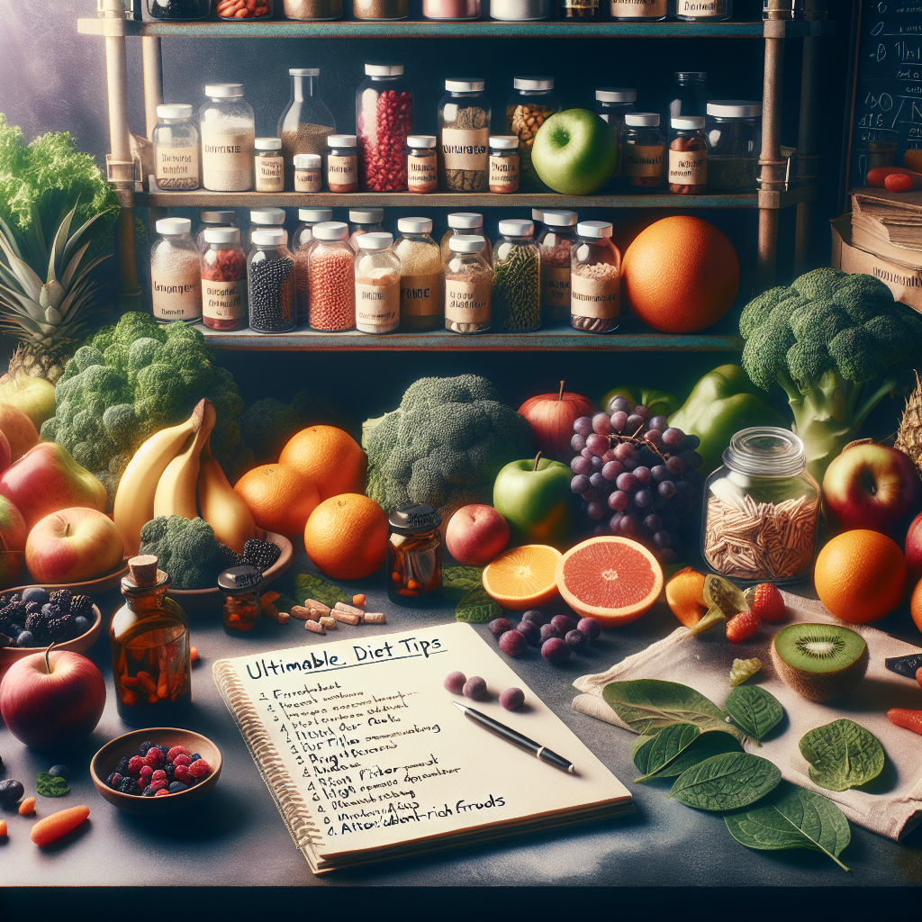 Create a compelling image depicting a table laden with healthy, fresh fruits and vegetables of various shades and textures, each food item brimming with nutrition. Decipherable on the table is a hand-written list penning down 'Ultimate, Affordable Diet Tips' with a few actionable pointers such as 'Frequent Protein Intake', 'High Fiber Foods', and 'Antioxidant-Rich Fruits'. Adjacent to the table is a shelf filled with flasks, jars, and bottles of dietary supplements with labels such as 'Omega-3', 'Vitamin D3', and 'B Vitamins'. The lighting is soft and natural, emphasizing the freshness and appetizing colors of the food.