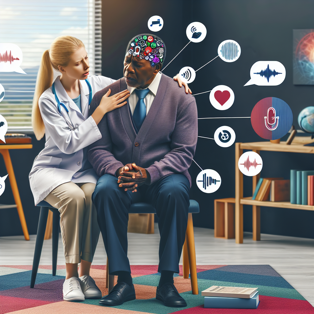 Create a photorealistic image revealing the various aspects of Dysarthria and Communication Issues related to ALS. Depict a professional speech therapist, a Caucasian woman, helping a middle-aged Black man with ALS, practicing various speech exercises in a comforting and colorful therapy room. Include symbols related to verbal communication, such as sound waves and speech bubbles, and a book or guide entitled 'Exclusive Guide to Combat Dysarthria & Communication Issues' on a nearby table.