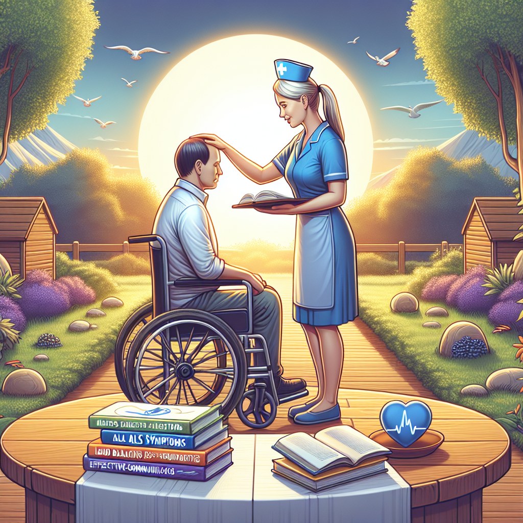 Create an illustration representing a serene environment, depicting a helpful nurse offering compassionate care to a patient who is in a wheelchair, surrounded by a peaceful garden. Both the nurse and patient are engaged in a serene conversation. The nurse is Caucasian and the male patient is of Hispanic descent. There are also several books about ALS symptoms, load balancing and effective communication strategies lying on a nearby round, wooden table. The sun is just beginning to set, casting a warm, peaceful glow. This image will symbolize holistic care, compassion and understanding in the face of ALS.