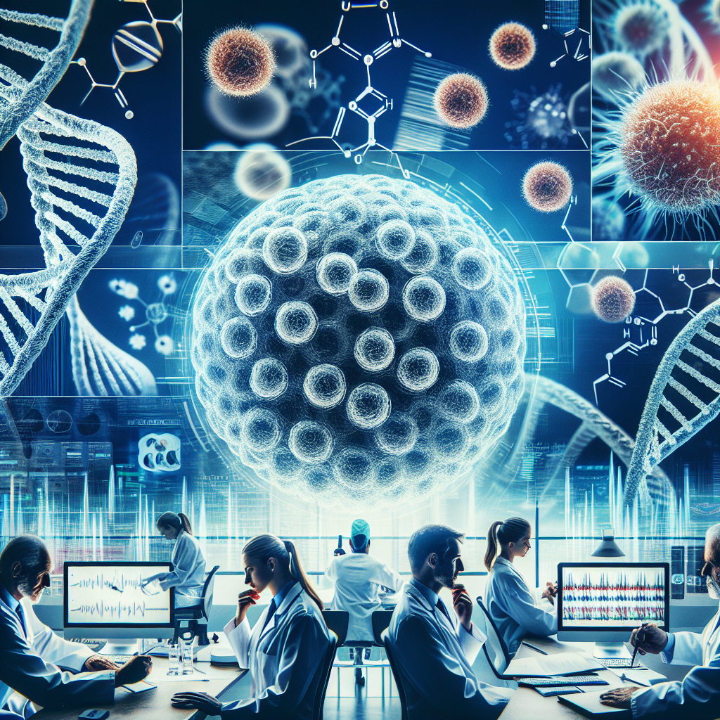 Generate an image that captures the concept of breakthrough regenerative medicine practices using stem cells in the treatment of ALS. Visual elements can include DNA strands signifying genetics, stem cells being cultured in a laboratory setting, a computer screen displaying molecular structures related to ALS, and medical professionals of mixed genders and various descents wearing lab coats and discussing over medical files.