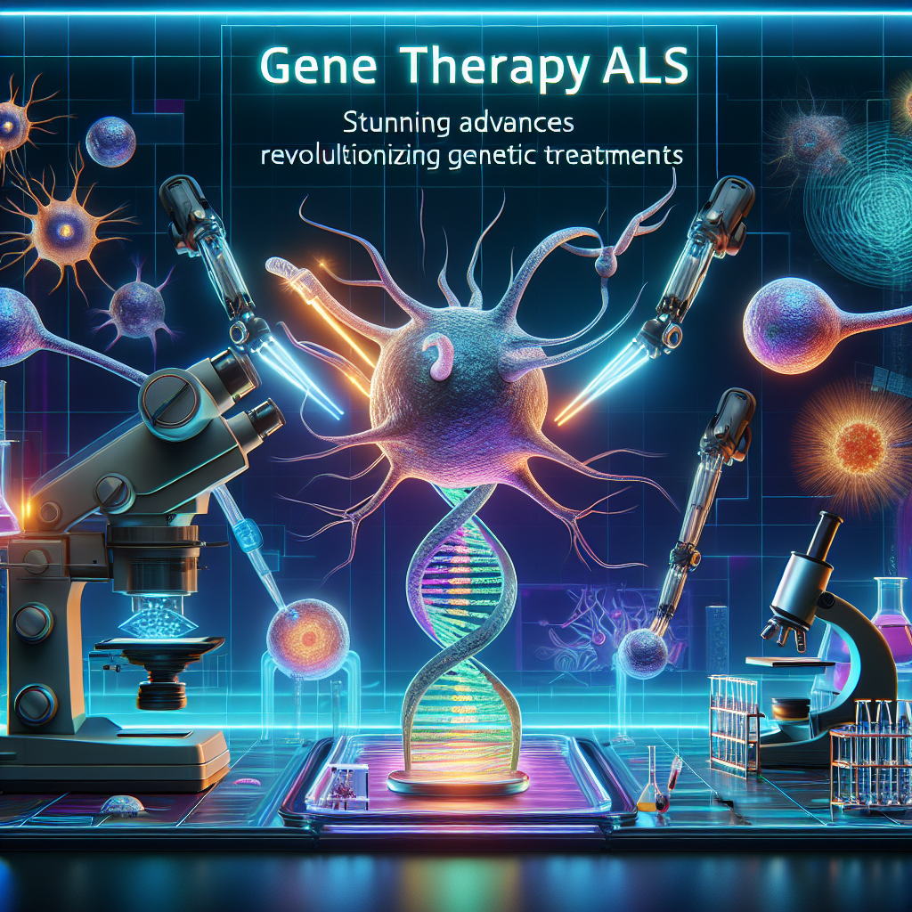 A visualization of advanced gene therapy for the treatment of ALS. In the middle, a 3D model of human DNA strand being manipulated by minute robotic arms symbolizing precision. Neon glow highlighting the specific gene relevant to ALS. On one side, a microscope image of motor neurons representing ALS, shown with vibrant colors. On the other side, displays scientific equipment like pipettes, petri dishes, and microscopes. The words 'Gene Therapy ALS: Stunning Advances Revolutionizing Genetic Treatments' are located at the top in a bold, clean font. The background is a combination of a laboratory setting and a futuristic tech-inspired design.