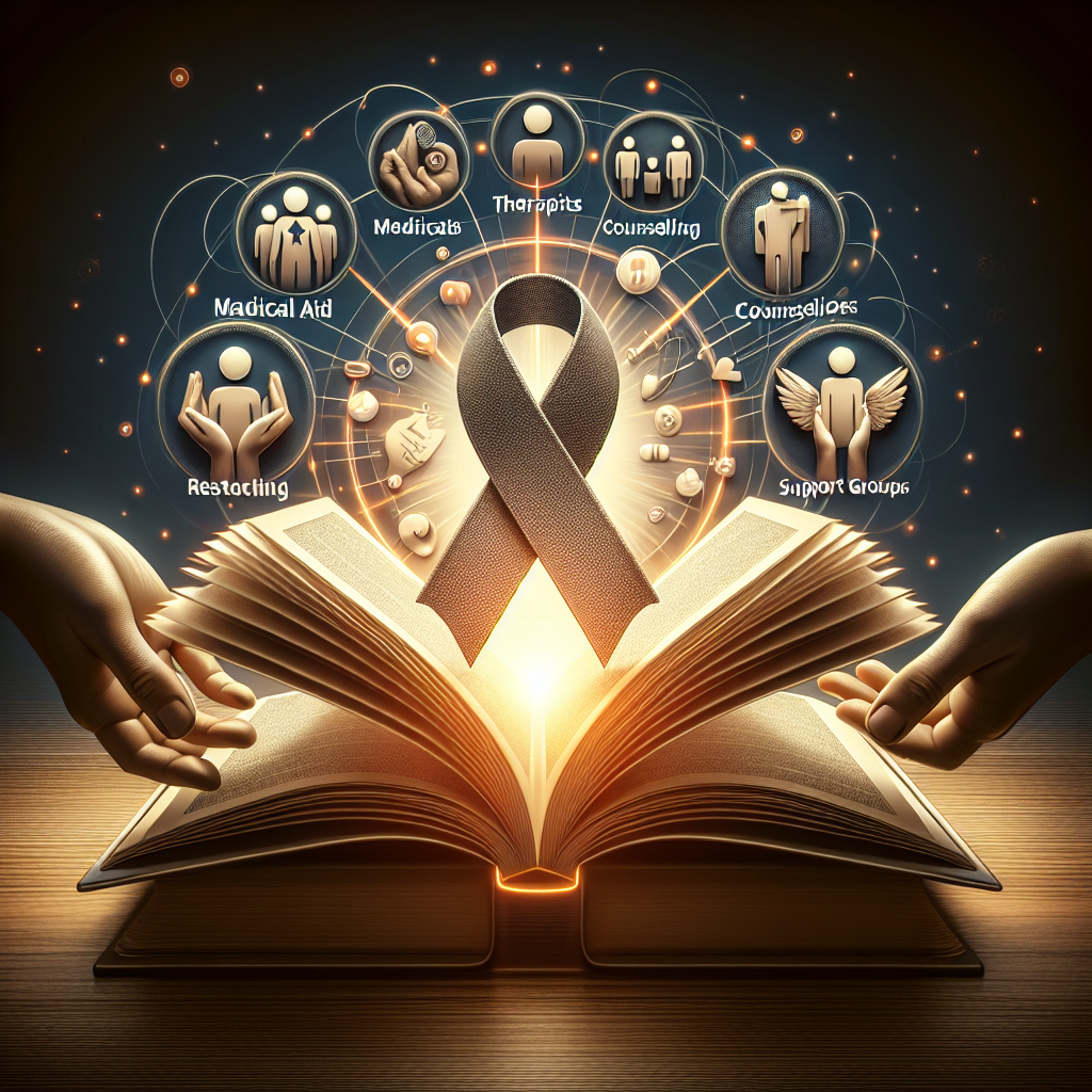 Create a high-quality, photorealistic image representing the theme of a comprehensive guide on resources and support groups provided by an association for Amyotrophic lateral sclerosis (ALS). The image should feature a well-defined, balanced composition with notably distinct elements such as a book symbolizing the guide, human hands exchanging a support ribbon, sectioned circles indicative of resources including medical aid, therapists, counseling, and support groups. Spotlight on the symbiotic relationship between the association, resources and the affected individuals, striving for a hopeful atmosphere.