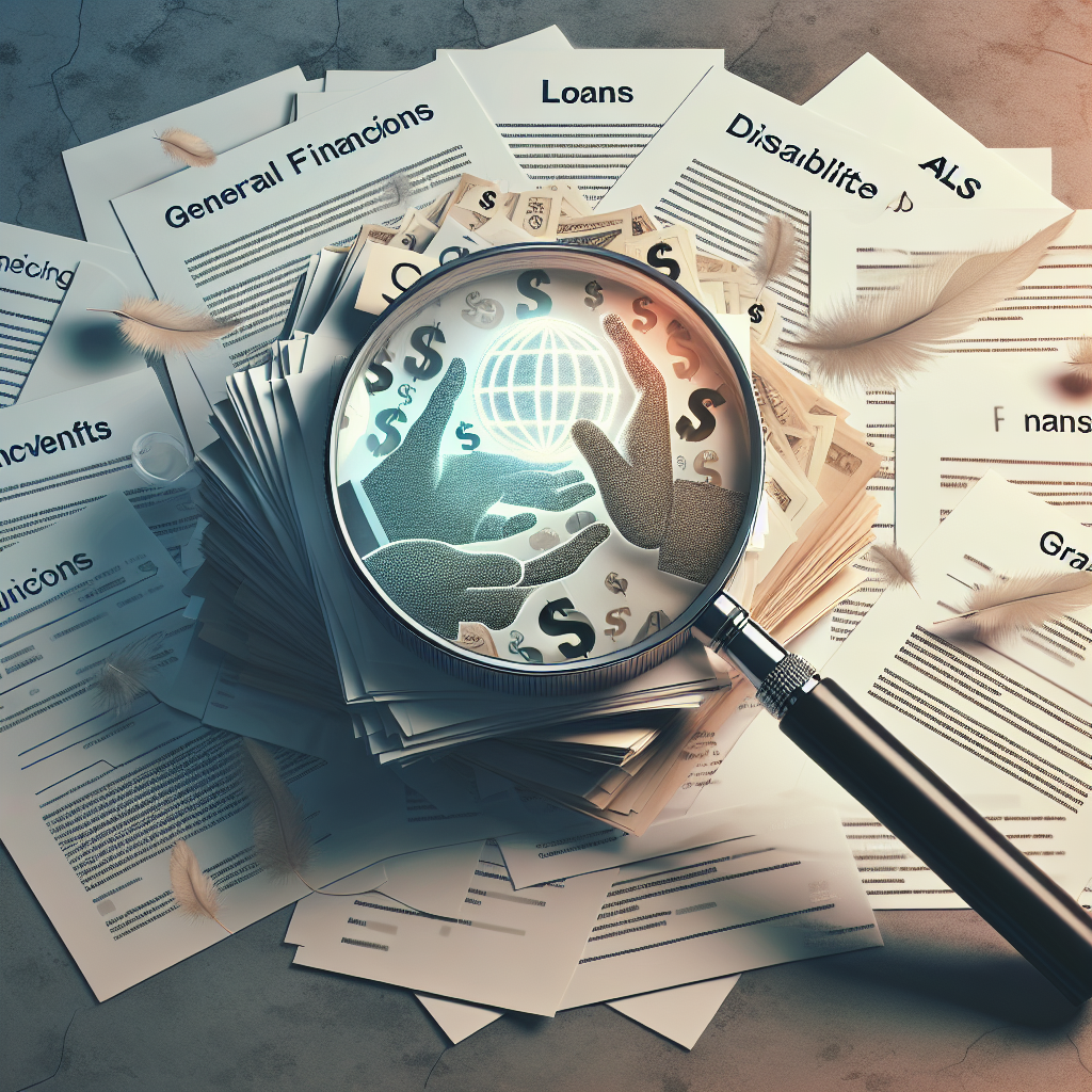 Generate an image featuring a magnifying glass focused on crucial documents related to grants and financial aid. Beneath the magnifying glass, highlight segments related to ALS and disability benefits. Around it, scatter documents related to general financing, loans, and grant applications. Make sure the documents are rendered in a photorealistic style. In the background, subtly weave in some elements that symbolize hope and aid, like a gentle light glow or dove feathers softly resting on the pile of papers.