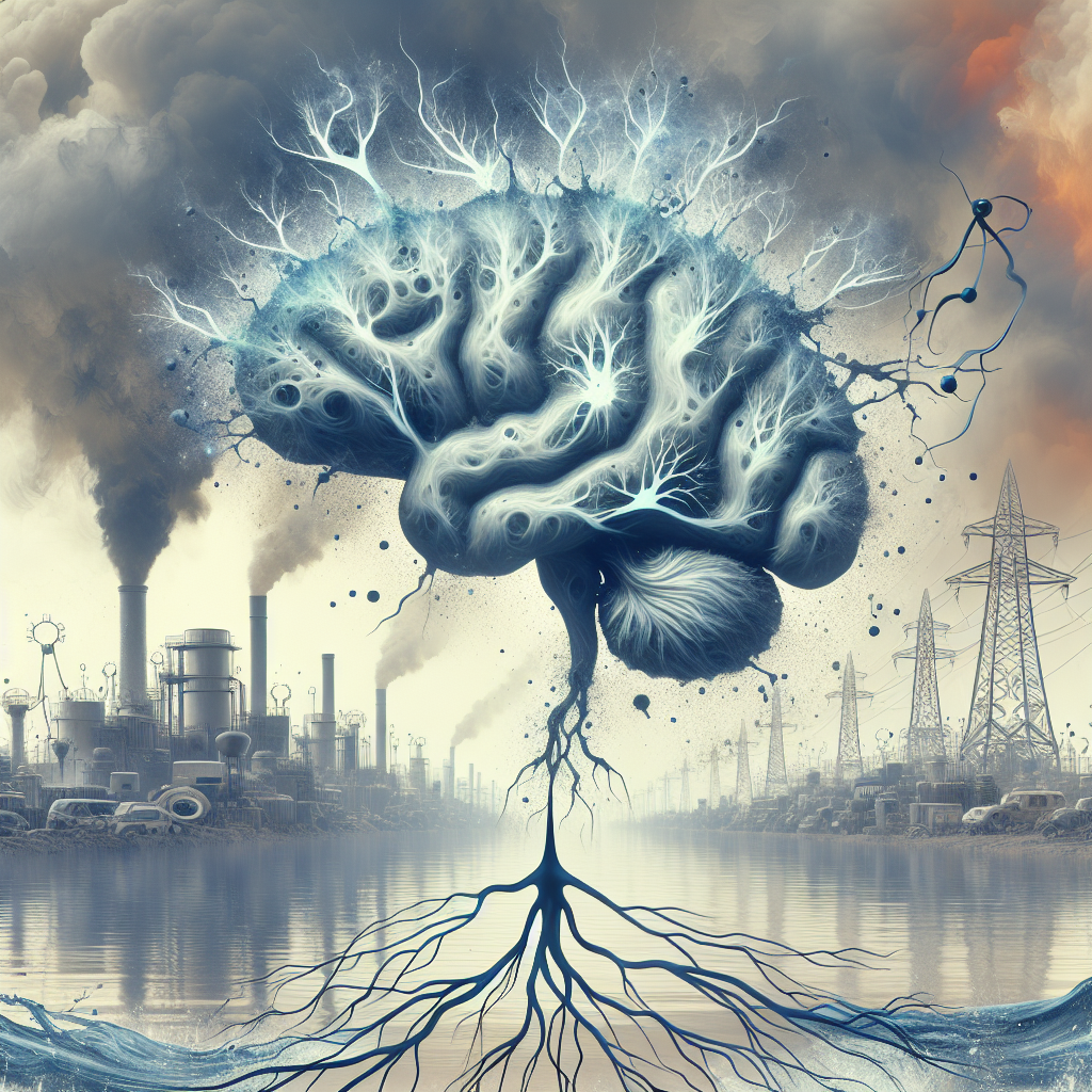 Generate a high-quality, photorealistic image representing a concept related to the article: 'Unveiling Toxins ALS: Exclusive Insights into Pesticides and Environmental Causes'. The image should feature a stylized, symbolic rendering of a neuron being affected by toxins symbolized as pesticides, represented by indistinguishable, malevolent cloud-like formations. The background should depict elements of polluted environment such as dirty water and smog-filled skies. Please make sure the image suggests the severity of the situation without causing fear or distress.
