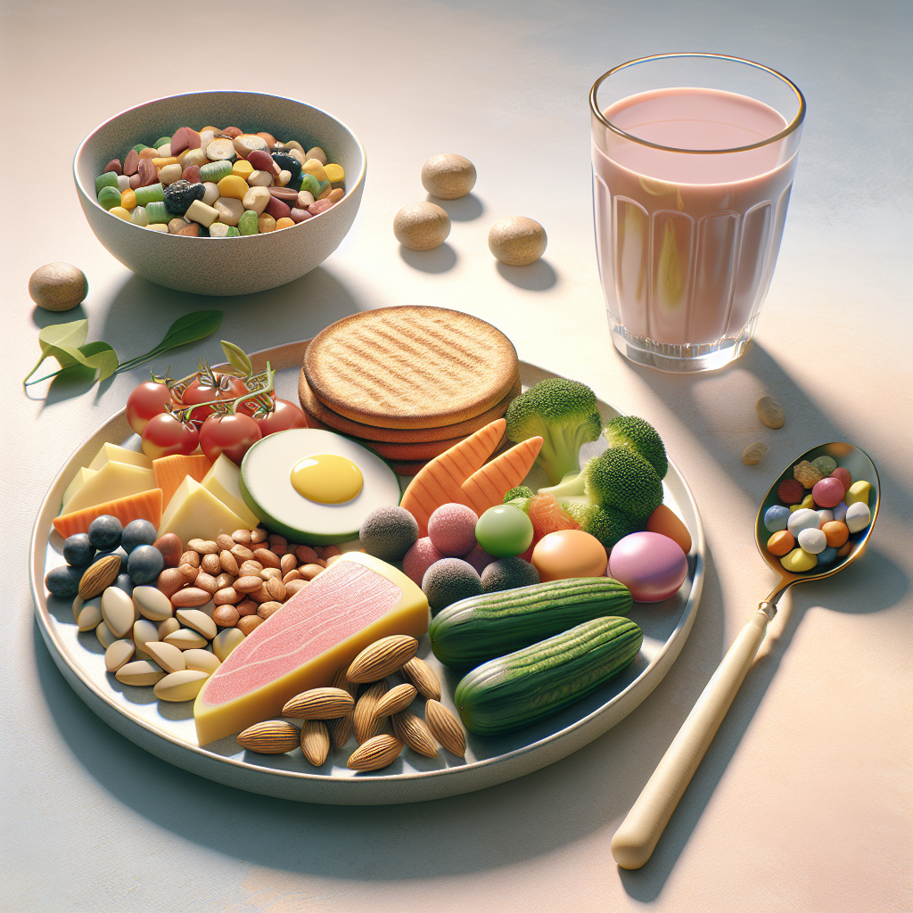 Generate a high-quality photorealistic image for an article. The image should depict a variety of nutritious foods that are considered beneficial for people living with ALS (Amyotrophic lateral sclerosis). These foods should be high in calories and easy to swallow. The food should be arranged attractively on a light-colored plate, with a glass of a nutrient-rich drink on the side. Include friendly visual elements such as a spoon with super soft handle for comfortable grip. The backdrop could be a simple soft textured surface in a calming color to bring focus to the food.