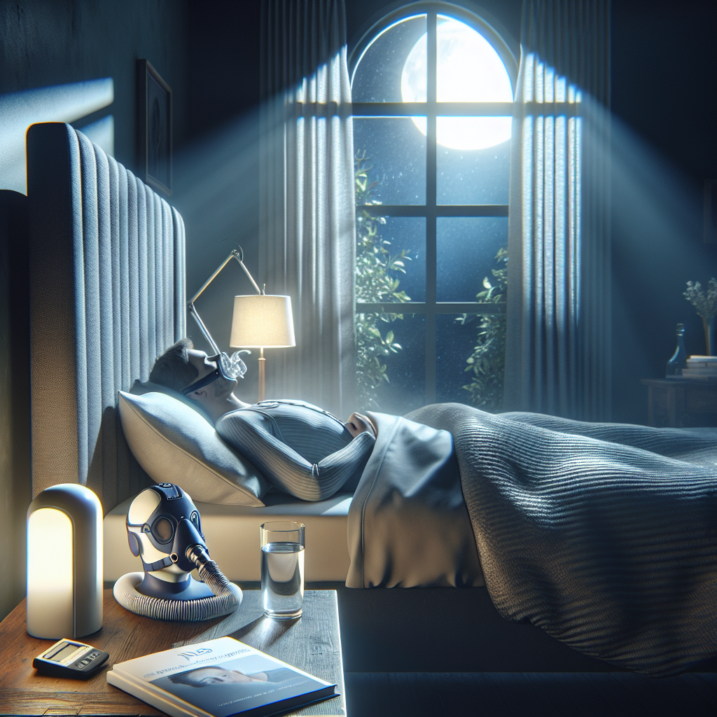Create a high-quality, photorealistic image depicting a peaceful and tranquil bedroom at night. The room is softly illuminated by the light of a moonbeam seeping through a slightly opened window. On the bedside table, show a glass of water, a book titled 'ALS Care Guide' and a sophisticated sleep apnea mask. In the background, include a person wearing comfortable sleepwear, resting in an ergonomic adjustable bed designed for ALS patients positioned with pillows for support. The atmosphere of the room emanates calmness and restfulness, symbolizing effective solutions for nighttime care and management of sleep apnea in ALS patients.