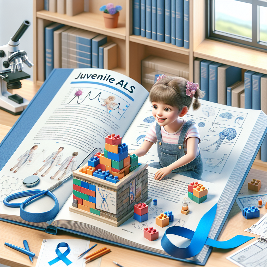 Create a detailed and high-quality digital illustration of a child happily playing with building blocks at a table, an open book next to her displaying diagrams and simple text about juvenile ALS. The room should be bright and uplifting, with medical research papers and a microscope on the table as symbols of scientific progress. Blue awareness ribbons, symbolizing ALS awareness, are subtly positioned in the scene. Please ensure the atmosphere implies hope and resilience, showcasing the importance of knowledge and continued research in fighting this challenging illness.