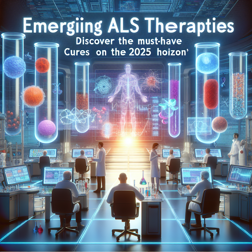 Imagine an eye-catching cover image for a medical research article titled 'Emerging ALS Therapies: Discover the Must-Have Cures on 2025 Horizon'. The primary focus should be a futuristic medical setting, perhaps a state-of-the-art laboratory with holographic screens depicting complex scientific data pertaining to ALS. There should also be researchers of diverse descents and genders, wearing lab coats, potentially holding test tubes with colorful substances, symbolic of diverse treatments, and engaged in discussions. The setting should not look grim, but hopeful, symbolizing the optimistic future of ALS therapies.