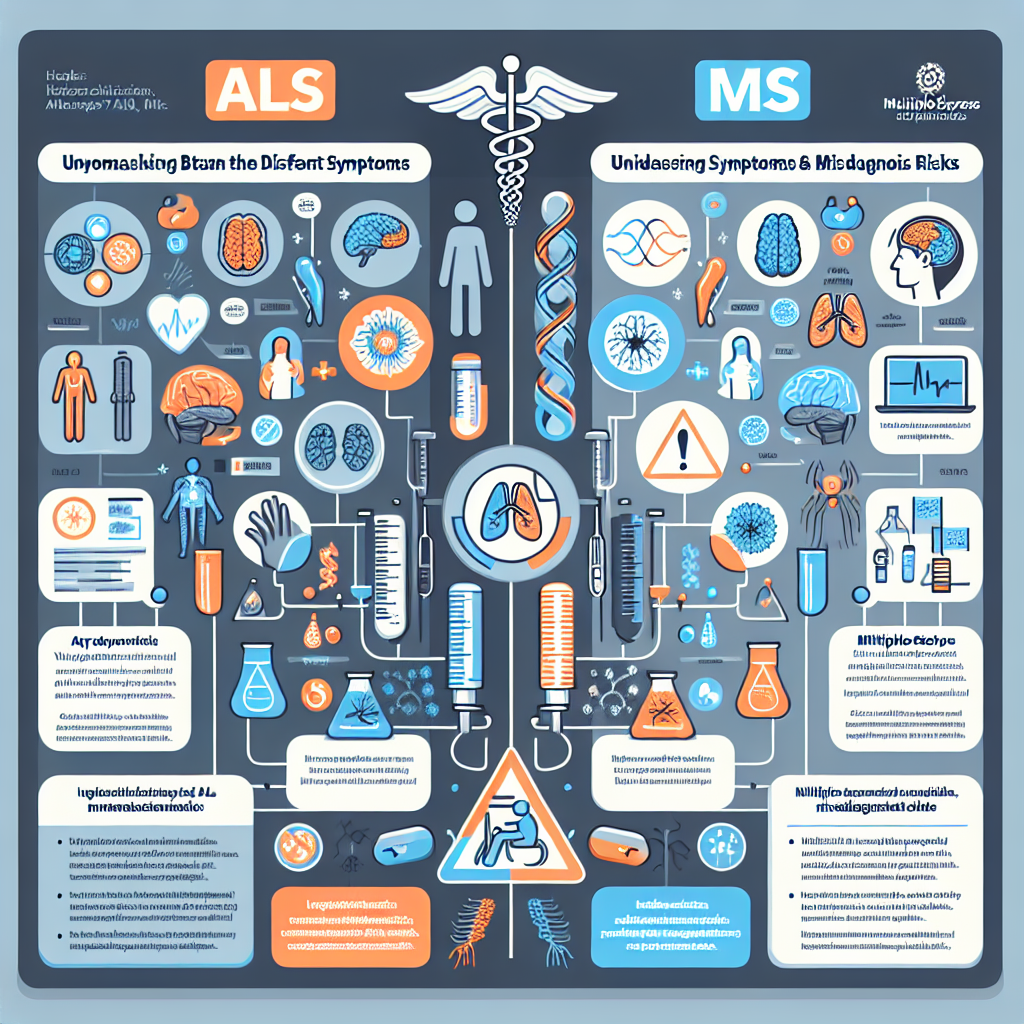 In the scope of medical education and awareness, visualize a health-themed infographic. It will display the comparison between ALS and MS. On the left side of the infographic, include the various symptoms of Amyotrophic Lateral Sclerosis (ALS) symbolized by relevant icons and text. On the right side, represent Multiple Sclerosis (MS) in a similar manner. At the center, depict a caution sign symbolising the misdiagnosis risks. Include a title at the top that reads: 'ALS vs MS: Unmasking the Distinct Symptoms & Misdiagnosis Risks'. Keep the color palette professional - soft blues, grays, and whites. Please note that the image should be factually accurate but not depict any specific individuals.