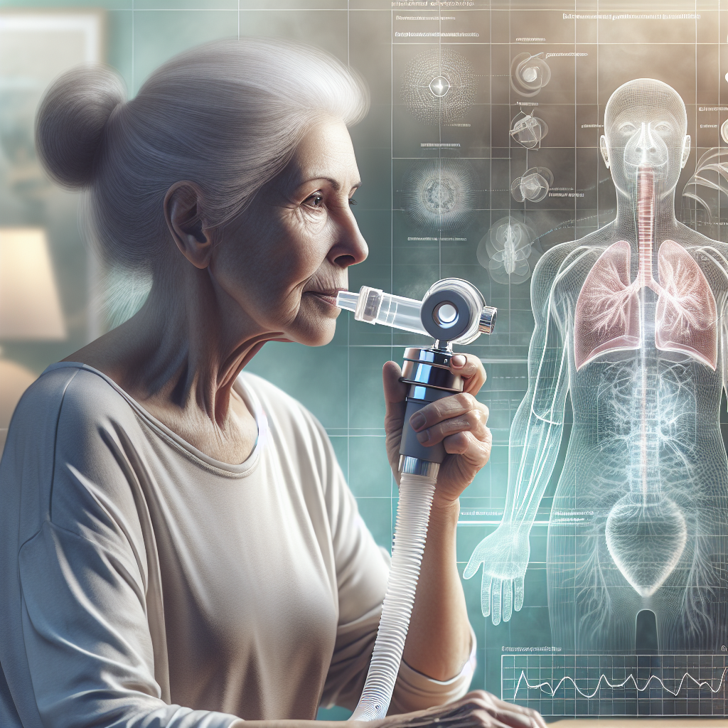A highly detailed and photorealistic image associated with a healthcare article. The scene takes place in a calm and comforting setting, perhaps a softly lit room. In the foreground, see a patient participating in a respiratory exercise. This individual, an elderly Caucasian woman, has a determined and focused look and is using a contemporary spirometer device. The background features diagrams and charts that demonstrate different respiratory exercises beneficial for Amyotrophic Lateral Sclerosis (ALS) patients. Please visualize these charts as more abstract and faded out elements, rather than fully detailed and readable text.