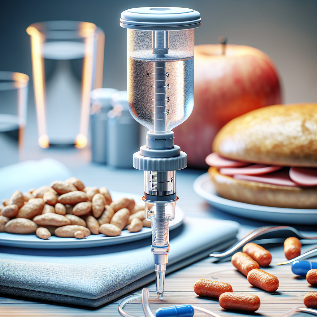 Generate a photorealistic, high-quality image that illustrates the concept of a peg tube, a vital medical apparatus used for gastronomy in cases of amyotrophic lateral sclerosis (ALS). The image should highlight the tube's ease of use and the way it aids in nutrition delivery, emphasizing its beneficial uses in healthcare. Perhaps we could see the peg tube itself prominently displayed, maybe next to a nutritious meal or supplement, indicating its integral role in maintaining patient nutrition.