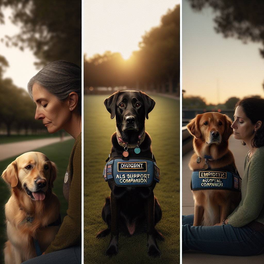 A triptych of images set against a serene park in the early morning twilight. The first image shows three dedicated service dogs of different breeds and sizes: a diligent Caucasian woman's Golden Retriever, an empathetic African man's Labrador, and a loyal Hispanic girl's German Shepherd. They wear vests acknowledging their duty, with the phrase 'ALS Support Companion' stitched. The second picture focuses on their gentle, intelligent eyes that exude an aura of patience and affection. The third image portrays them interacting with their owners, who display an array of emotions from solace to joy, highlighting the dogs' invaluable role as emotional support companions.
