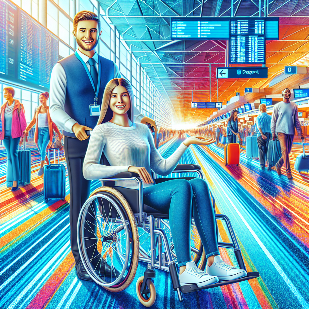 Generate a colorful, energetic image that depicts a busy airport scenario. In the foreground, show a confident, determined traveler with ALS who is Caucasian and female, smiling happily. She is sitting in a vibrant, modern wheelchair, that is fully equipped and comfortable. She is being assisted by a courteous airline employee, a Hispanic male, demonstrating gestures of aid and friendly conversation. The background should consist of a bustling airport with moving travelers of various descents and genders, check-in desks, departure boards, luggage trolleys, and signs indicating flight gates. Emphasize easy travel, accessibility, inclusivity, and individual empowerment.