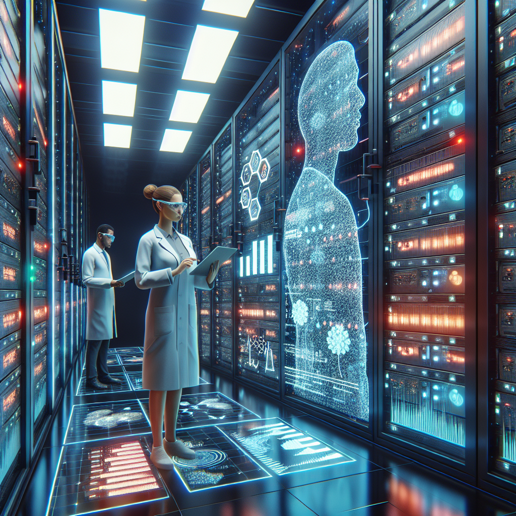 Generate a high quality, photorealistic image that represents the concept of 'Unveiling the Best Patient Database' in the context of ALS research. The image should depict a modern, highly advanced data center filled with rows of servers. A Caucasian woman and a Black man, both dressed as scientists or researchers with lab coats and safety goggles, can be seen analysing data on large, holographic touchscreen displays. LED lights on servers glow in a variety of colors in the dim-lit room, possibly representing the vast amount of medical data stored. On one of the screens, a stylized, nondescript bar graph or chart that signifies health research data can be portrayed.
