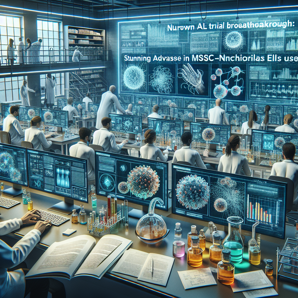 Visualize a photorealistic scene of a breakthrough scientific research accomplishment. Picture a fully-equipped state-of-the-art laboratory with multiple scientists of diverse gender and racial backgrounds who are focused on their work. They are viewing information on computer screens showing advanced 3D diagrams and charts about MSC-NTF cells. On a bench, colorfully labeled bottles provide an indication of the rigorous chemical experimentation involved. Scattered papers and open textbooks suggest the exhaustive theoretical study alongside the practical research. A prominent headline in the foreground reads: 'Nurown ALS Trial Breakthrough: Stunning Advance in MSC-NTF Cells Use'.