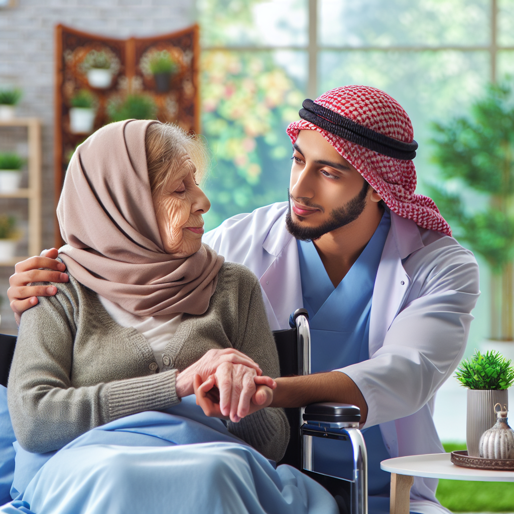 Generate a high-quality, photorealistic image that encapsulates the theme of respite services for ALS (Lou Gehrig's disease). The image should represent the concept of affordable, must-have relief for caregivers. It could include an image of a peaceful, relaxing environment symbolic of respite, such as a soothing garden or serene living room. Additionally, depict a Middle-Eastern male caregiver comforting an older South Asian female with clear signs of needing support (like using a wheelchair or crutches). The setting should emanate a sense of affordability, relaxation and relief.