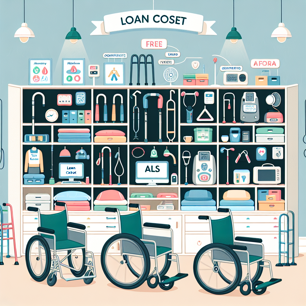 Illustrate an organized room filled with various assistive devices that are must-have for people living with ALS (Amyotrophic lateral sclerosis). Visualize shelves filled with mobility aids like wheelchairs, walkers, and cane. Capture communication devices like computer systems that aid in speech. Show adjustable beds for ease and comfort. There should also be medical equipment like breathing apparatus. As per the affordable aspect, attach signs that mark the items as free. A banner that says 'Loan Closet ALS' should also be present in the room. The room should feel inviting, warm and supportive.