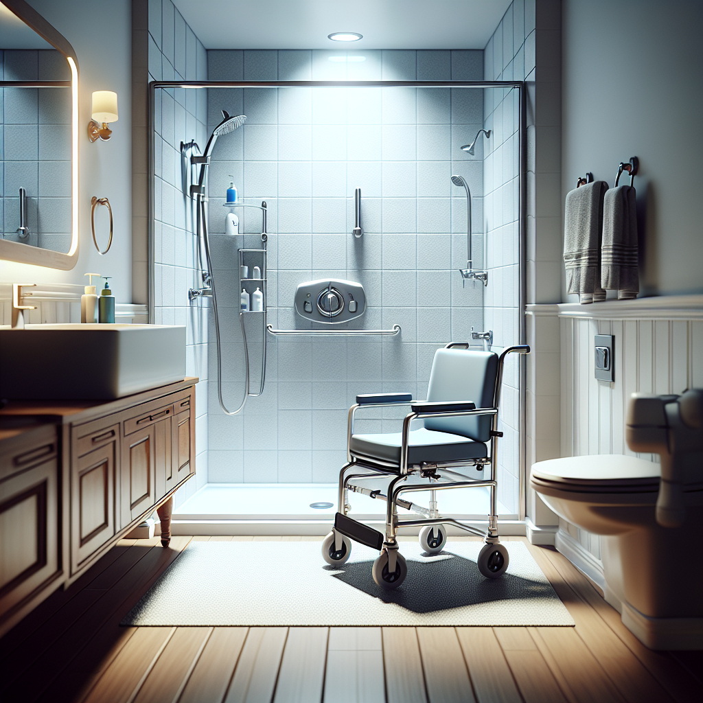 Create an image showing a neat and clean bathroom equipped with a modern and ergonomic shower chair at the center. The bathroom should have high-quality safety features including well-placed rails, non-slip flooring, and easily accessible hygienic items. The shower chair is placed close to the shower system, demonstrating how it is beneficial for people with mobility problems, particularly those with ALS. The chair should have a comfortable sitting area, sturdy support and a few adjustments to cater different users need. The ambience of the bathroom should reflect tranquility, safety, and comfort.
