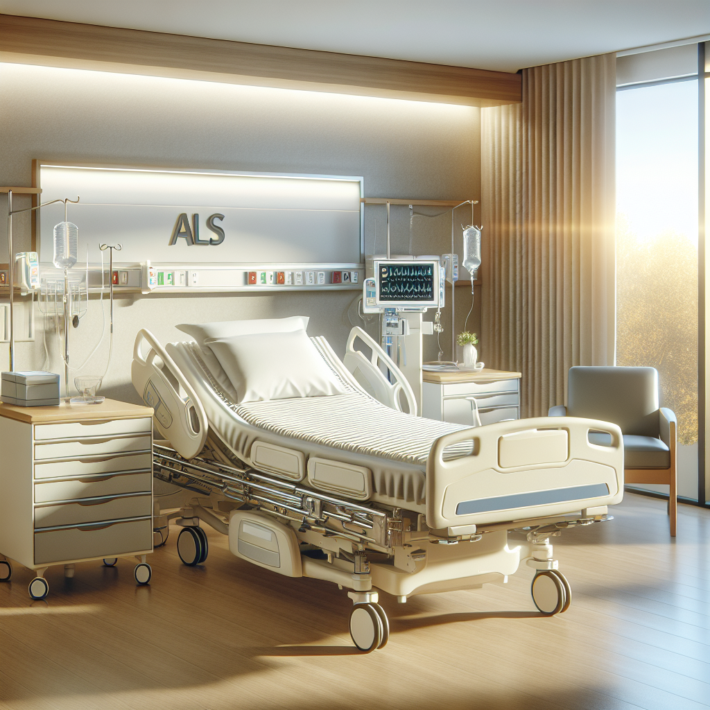 Visualize an article header image featuring a modern hospital room equipped for ALS care. Centered in the room should be a hospital bed featuring an alternating pressure mattress, a cutting-edge technology designed to aid bed rotation and assist patients with mobility issues. The room should depict a serene and clean environment, with a window allowing soft sunshine to seep in, casting a warm, comforting glow across the room. Medical apparatus commonly associated with ALS patient care could be strategically placed without causing a sense of clutter. Focus should be on the hospital bed and its special mattress.
