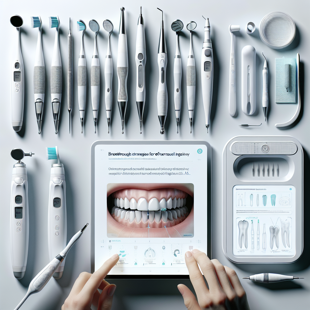 Create a high-resolution, photorealistic illustration that visually encapsulates the theme of breakthrough strategies for effortless oral hygiene specifically designed to tackle dental issues caused by Amyotrophic Lateral Sclerosis. The image should depict a variety of specialized dental tools, perhaps laid out neatly on a clean, white surface. Among them, hint at innovative designs — lightweight handles, easy-grip surfaces, adjustable angles, etc. — subtly implying their suitability for those dealing with ALS. Include a digital display that exhibits an informative graphic, demonstrating the positive effect of these strategies on oral health. Remember to maintain a balanced and informative representation.