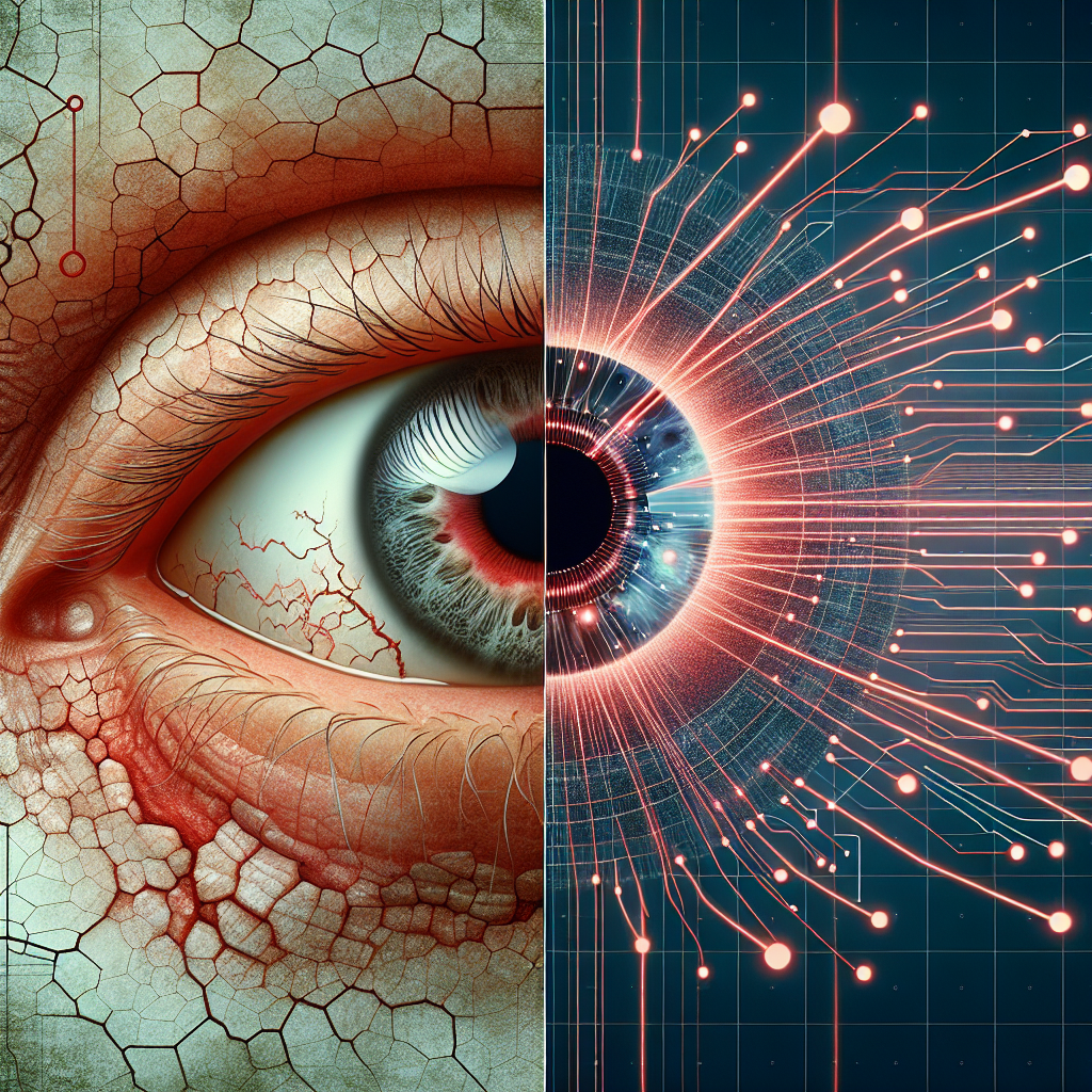 Create an image depicting two significant sections for an article on Eye Muscle Weakness due to ALS (Amyotrophic Lateral Sclerosis). First part: Show a human eye up close, appearing dry and slightly red, representing dry eyes. There are minute cracks visible on the surface, signifying strain and dryness. Second part: Illustrate an abstract concept of gaze tracking. Include an eye with many dotted lines radiating out from the pupil, following diverse paths, on a tech-inspired background. This symbolizes the scientific process of gaze tracking. The whole image intertwines medical and technology themes, giving balanced attention to both insights about ALS.