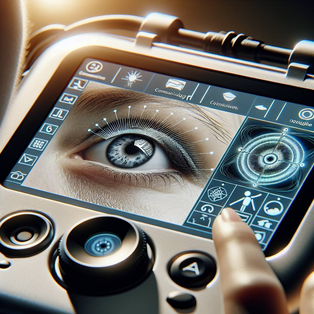 Generate an image showing a close-up view of a advanced communication device using Eye Gaze technology to help individuals afflicted with ALS (Amyotrophic lateral sclerosis). This device should be under natural light, casting soft shadows. TheUser interface elements are adjusted according to the individual's eye movements, emphasizing the effortless communication achieved using this technology. Show also the detail of an individual using the device, their eyes capturing the reflection of the screen with the assistive technology elements.