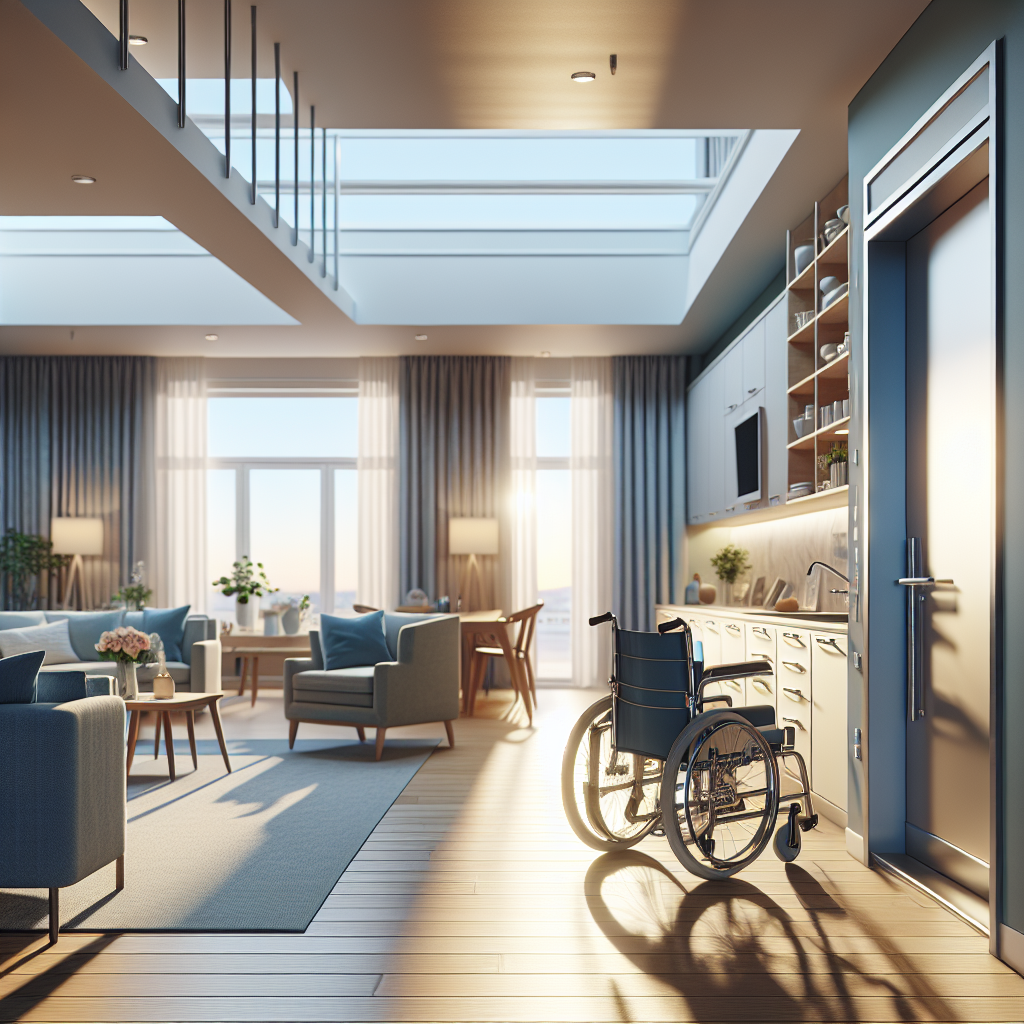 Create a high-quality, photorealistic image of a home interior that has been seamlessly adapted for effortless mobility and accessibility. The scene should demonstrate thoughtful design details such as gently sloping ramps, wide doorways, accessible kitchen countertops and appliances, wheelchair-friendly bathrooms, and well-placed grab bars. The space should feel inviting and comfortable, equipped with furniture of adjustable heights. The lighting should be natural, creating soft shadows, showing a blend of utility and style meant for individuals with mobility challenges. The overall image should represent a blueprint of perfect accessible living.
