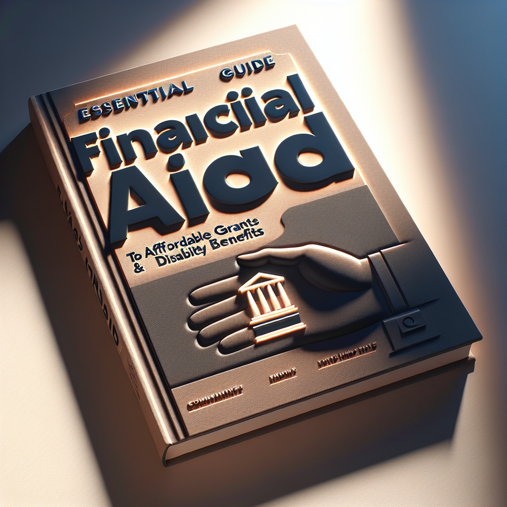 Create a high-resolution image displaying the cover of a comprehensive guide in a photorealistic form. The guide is titled 'ALS Financial Aid: Essential Guide to Affordable Grants & Disability Benefits'. The cover features a prominently visible title with intrigue-evoking fonts. Light shadows envelop the guide, generating an ambience of tranquility and hope. Perhaps, a symbol or visual representation could be incorporated that signifies financial aid and disability benefits. Make use of natural, soft lighting which creates a calming environment and enhances the details of the image.