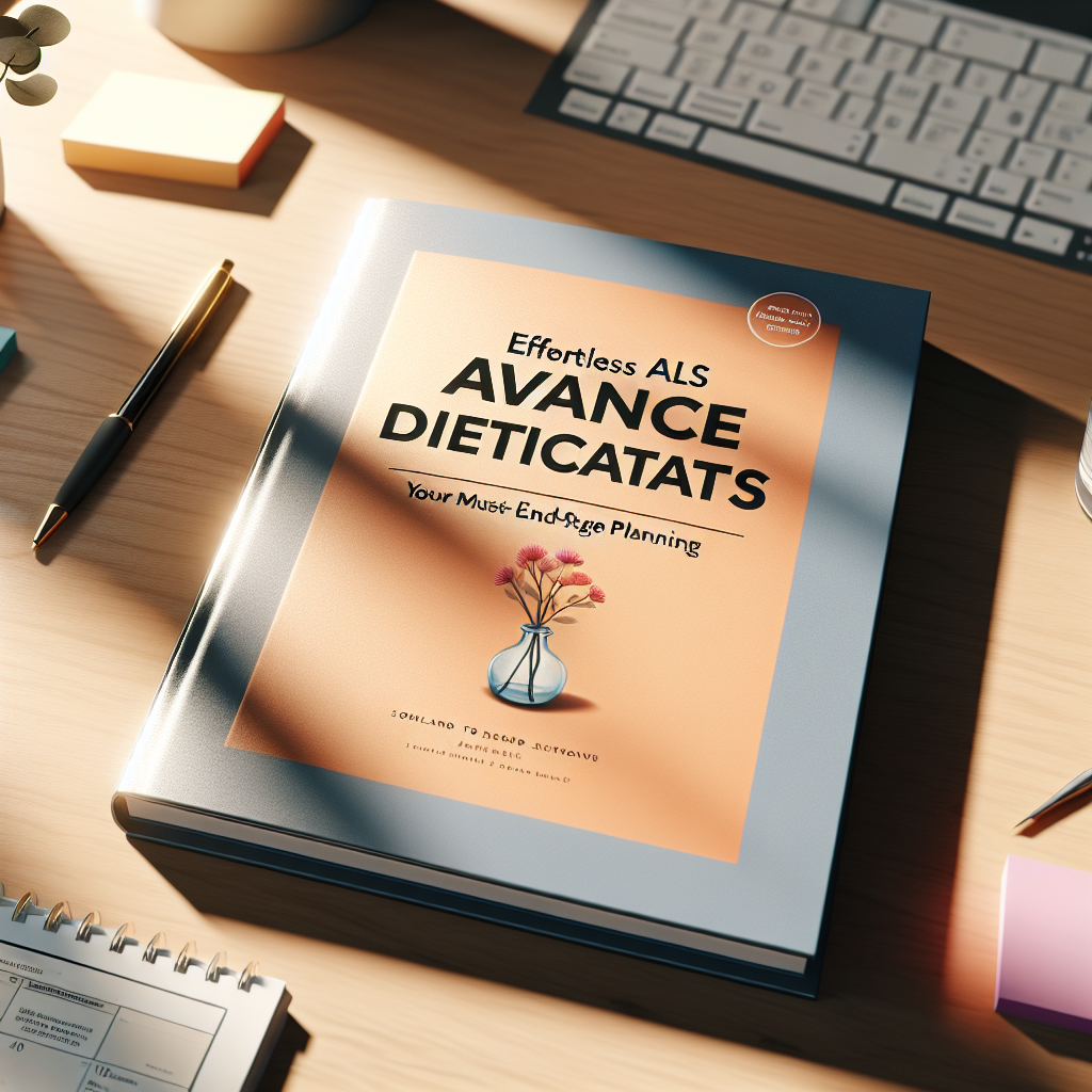 An image showcasing a comprehensive guidebook titled 'Effortless ALS Advance Directives: Your Must-Have Guide for End-Stage Planning'. The book lies open on a wooden desk, bathed in natural lighting that creates soft shadows around the edges. The cover of the guide should be visible. It features soothing, warm colors and clear, easy-to-read typeface. Around the book, there are elements suggestive of planning, such as a calendar, a pen, and sticky notes. The overall ambiance of the image should evoke a sense of calm and preparedness.