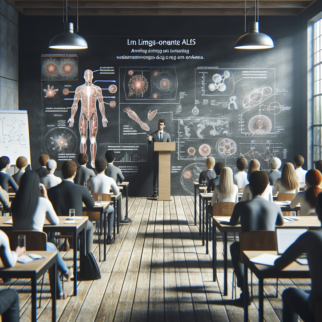Create a photorealistic image depicting an educational scenario where researchers are giving a presentation about their stunning insights into Limb-Onset ALS. The scene should be well-lit with natural lighting and soft shadows. In the background, there should be a detailed chalkboard with diagrams or graphics hinting at the scientific progress made in understanding arm and leg weakness due to Limb-Onset ALS. The audience is a diverse group, consisting of interested individuals of different genders and descents, eagerly taking notes.