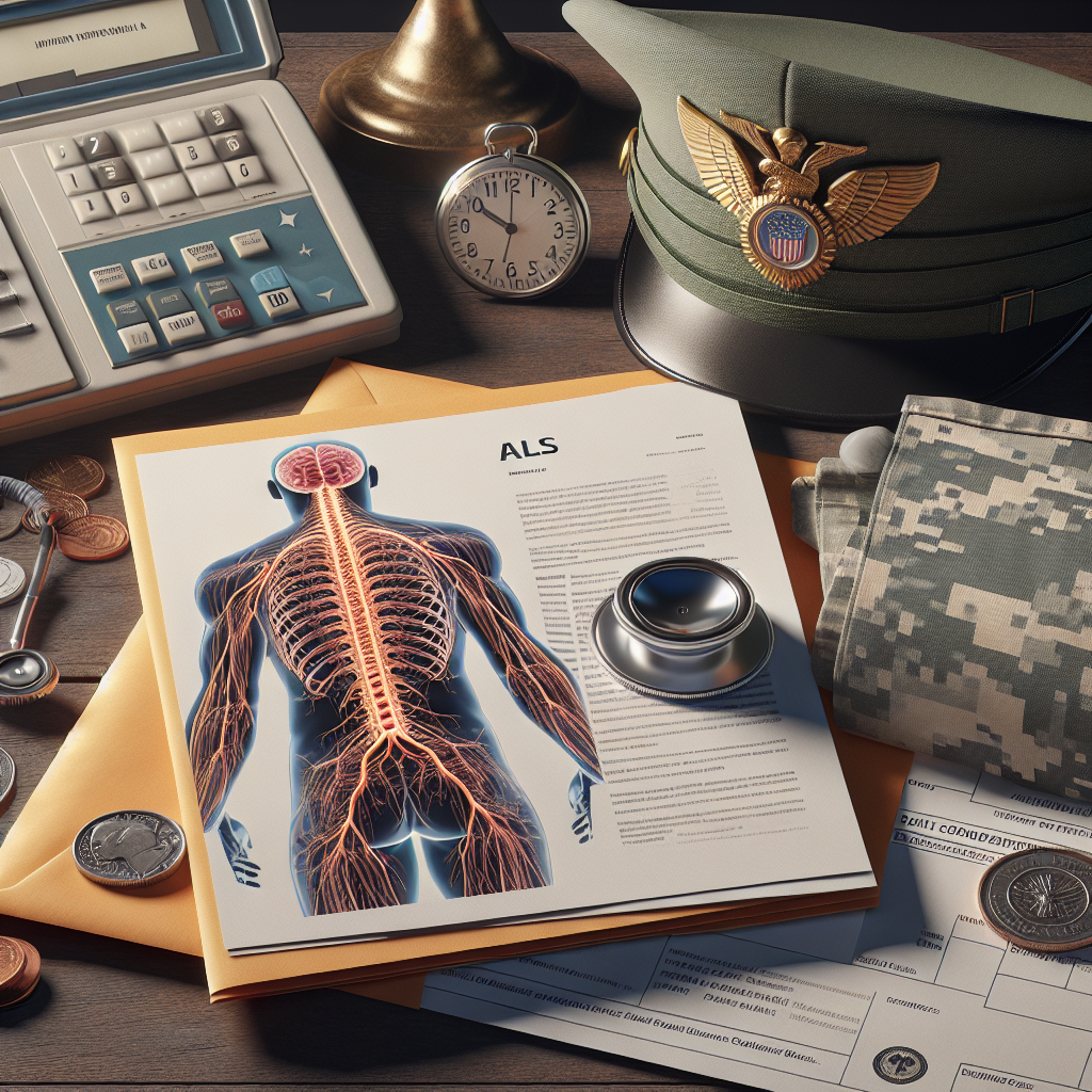 Generate a high-quality, photorealistic image symbolically displaying the military connection to ALS. The scene should have natural lighting and soft shadows. Elements of the military such as uniform insignia or highly functional gear can be used to depict the military connection, while a casual placement of a medical report or brochure illustrating a diagram of the human nervous system, specifically highlighting the spinal cord, could symbolically represent ALS. Nearby, there can be an open envelope symbolizing VA benefits with visible documents inside related to healthcare programs, pensions, and disability compensations. Note: The scene should not depict any explicit logos or identifiable information.