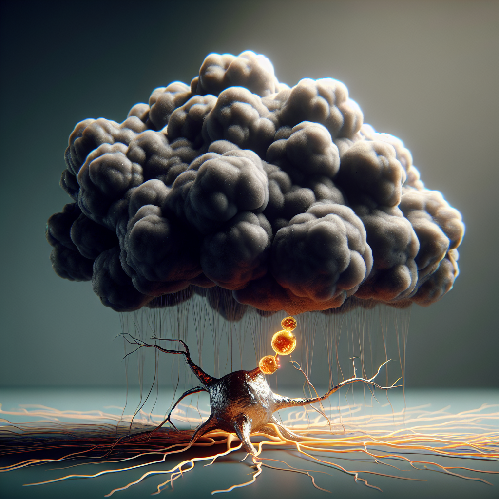 Create a high-quality, photorealistic image that depicts the impact of environmental factors on the cause of ALS (Amyotrophic Lateral Sclerosis). In this scene, create metaphoric representations of toxins represented as dark clouds enveloping a healthy neuron, symbolizing its degeneration under the influence of these negative elements. Ensure the use of natural lighting and soft shadows to create depth and realism in the image.