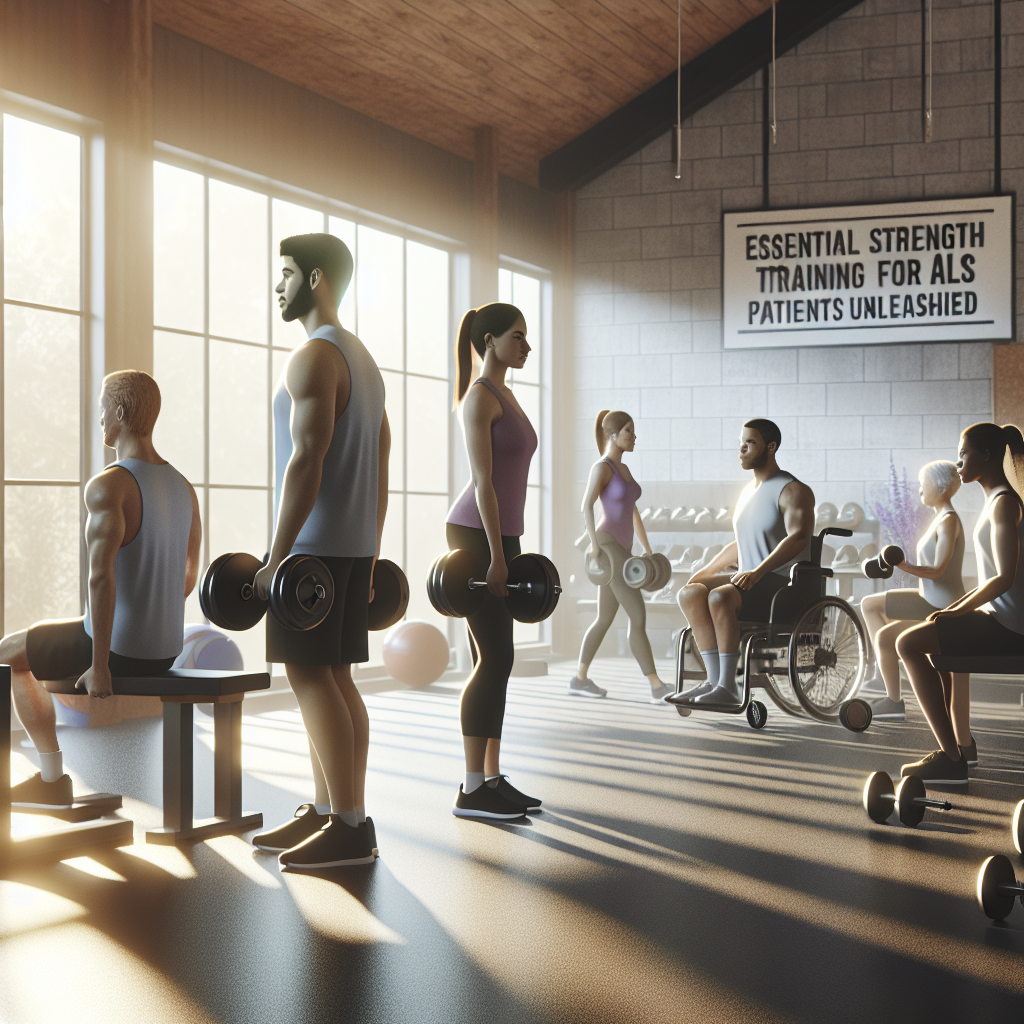 Create a luminous and photorealistic image that depicts a serene and welcoming gym environment. Individuals of a variety of descents such as Hispanic, Caucasian, and Middle-Eastern should be seen engaging in strength training exercises, following safety precautions due to their ALS condition. The individuals should be both male and female, displaying determination and resilience. Natural lighting and soft shadows should add a soothing ambiance to the scene. The walls of the gym should have posters promoting 'Essential Strength Training for ALS Patients Unleashed', accentuating a community dedicated to supporting ALS patients.