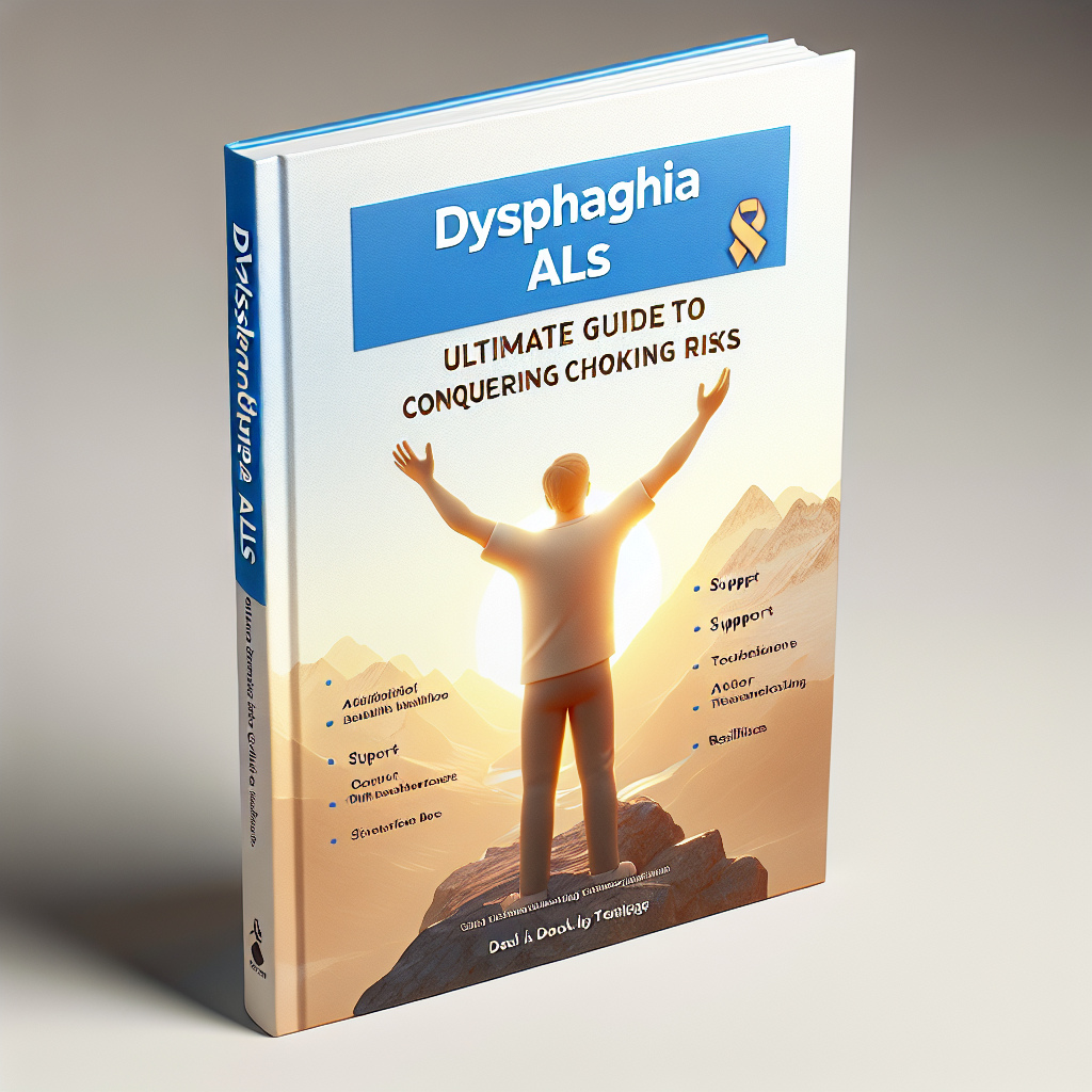 Generate a high-quality, photorealistic image of a book cover with natural lighting and soft shadows. The title on the cover should read 'Dysphagia ALS: Ultimate Guide to Conquering Choking Risks'. Imagery related to healthcare, support, and resilience could be included to convey the subject matter of the book. Potential elements could include a symbolic representation of overcoming challenges, such as an individual climbing a mountain or a triumphant figure with raised hands.