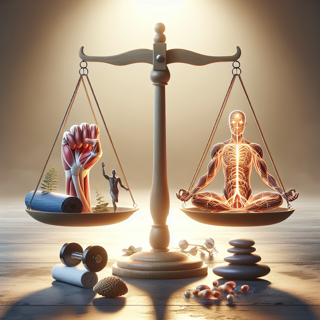 Create a high-quality, photorealistic image showcasing a serene and calming atmosphere. The picture should represent the concept of pain relief with a focus on ALS (Amyotrophic Lateral Sclerosis). Depict a balance scale with one side carrying symbol of muscle cramps, represented by a clenched fist, and neuropathy, represented by a network of nerves. On the other side of the scale, illustrate elements related to effective strategies such as yoga, massage therapy, and meditation. Stress on natural lighting and soft shadows for a more realistic look.