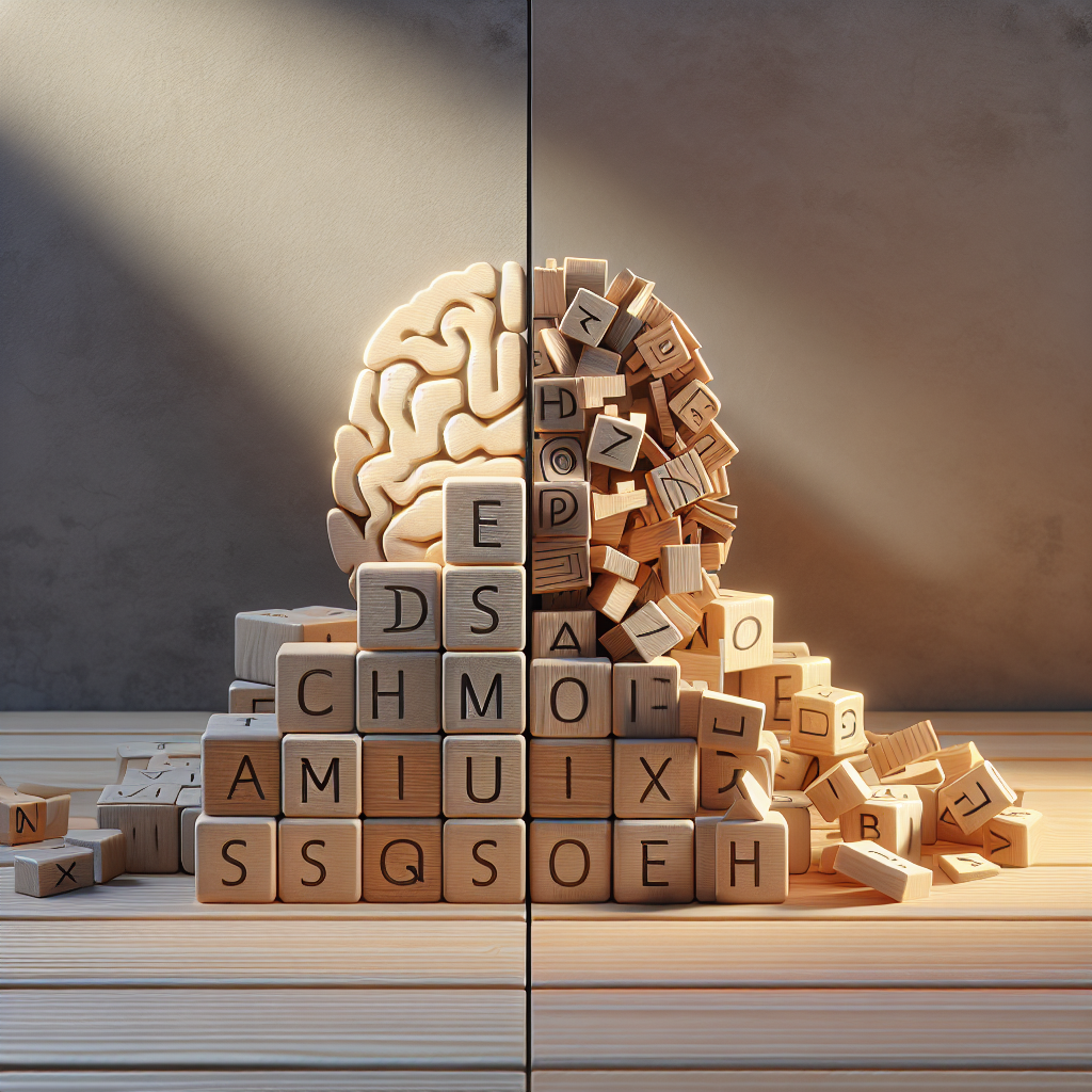 Generate a high-quality, photorealistic image symbolizing cognitive impairment and changes in thinking and behavior due to ALS. The scene should be illuminated with natural lighting and soft shadows. Showcase a split image symbolising change where on one side, show a perfectly arranged set of wooden blocks with letters forming sentences, representing ordered thinking and normal behavior. On the other side, portray a scattered and disconnected set of blocks indicating disarray and cognitive changes.